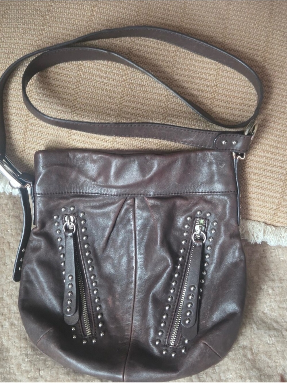 B.Makowsky Women's Dark Brown Studded Leather Crossbody Bag